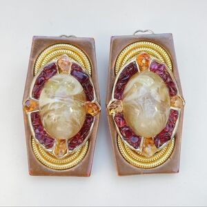 Vintage 1940s Artisan Made Garnet, Citrine And Lucite Swirl Earrings